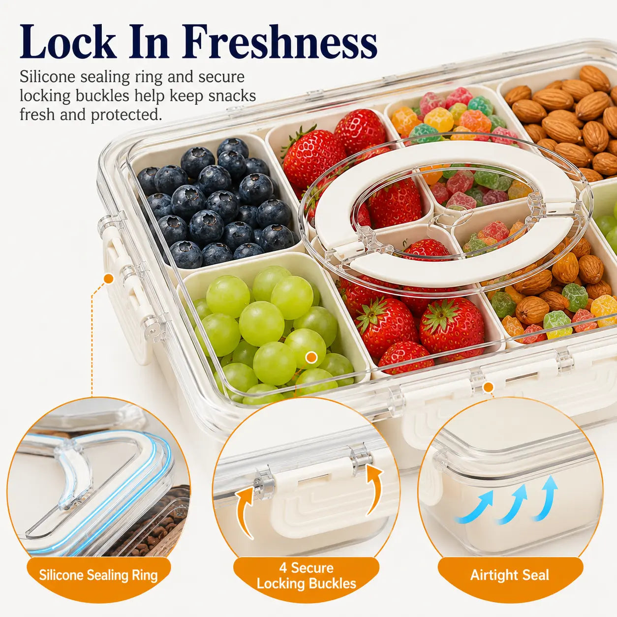 ONESHOW HOME 8-Compartment Transparent Snack Storage Container with Lid, Handle - Portable Kitchen Utensils for Home, Travel Use