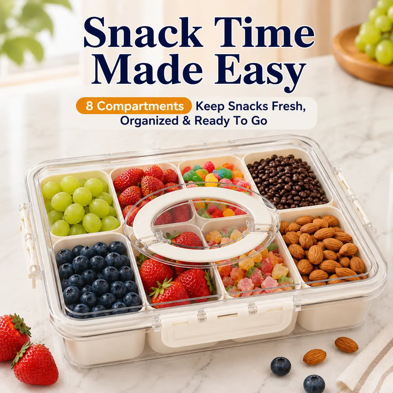 ONESHOW HOME 8-Compartment Transparent Snack Storage Container with Lid, Handle - Portable Kitchen Utensils for Home, Travel Use
