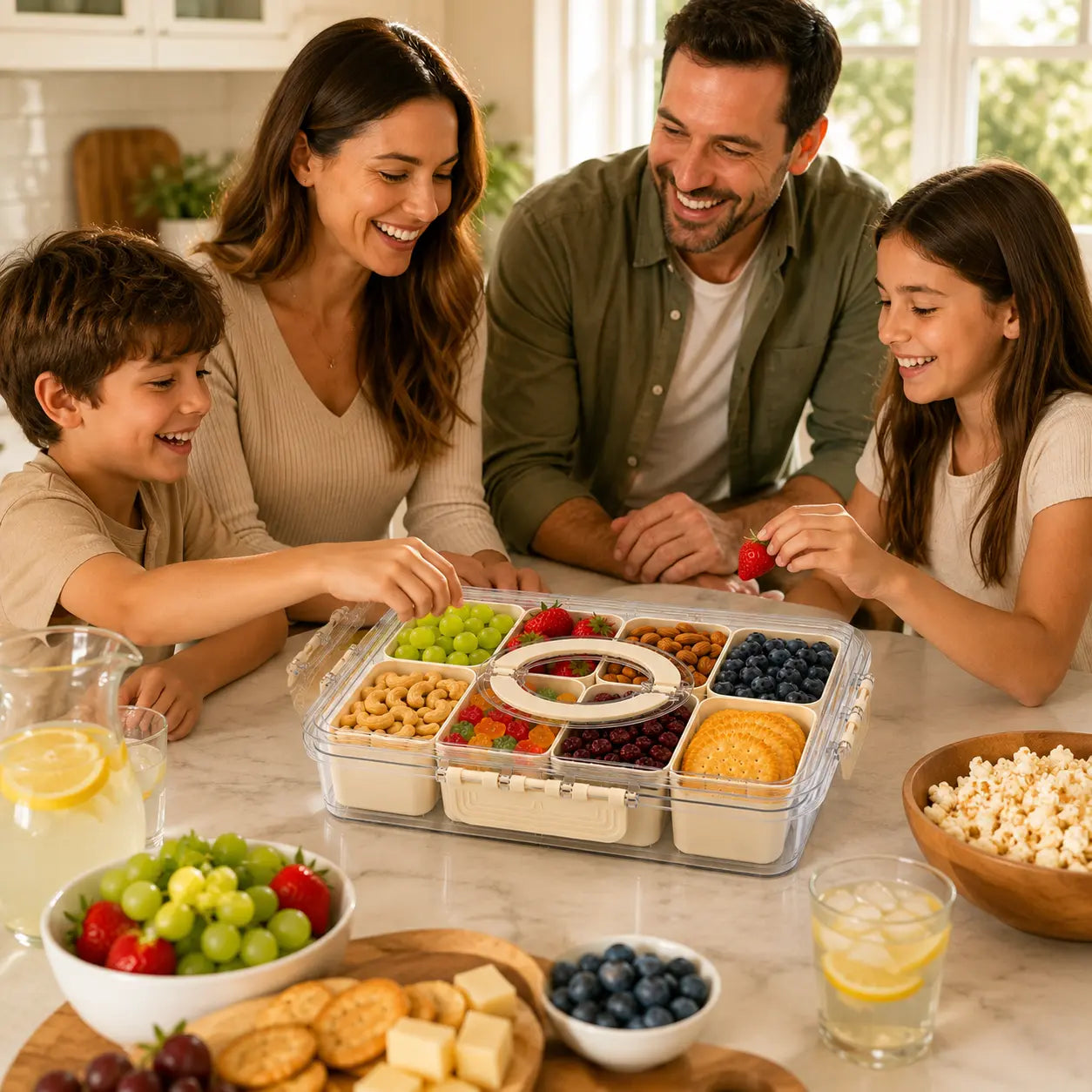 ONESHOW HOME 8-Compartment Transparent Snack Storage Container with Lid, Handle - Portable Kitchen Utensils for Home, Travel Use