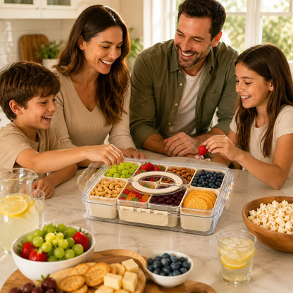 ONESHOW HOME 8-Compartment Transparent Snack Storage Container with Lid, Handle - Portable Kitchen Utensils for Home, Travel Use